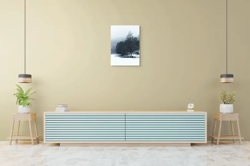 Tablou Canvas, "Copaci înghețați pe malul lacului", Iarnă, Pădure, Zăpadă, Liniște, Apă Înghețată, Copaci, Norii, Peisaj, Umbre, Frig, 50 x 70 cm – poza 6
