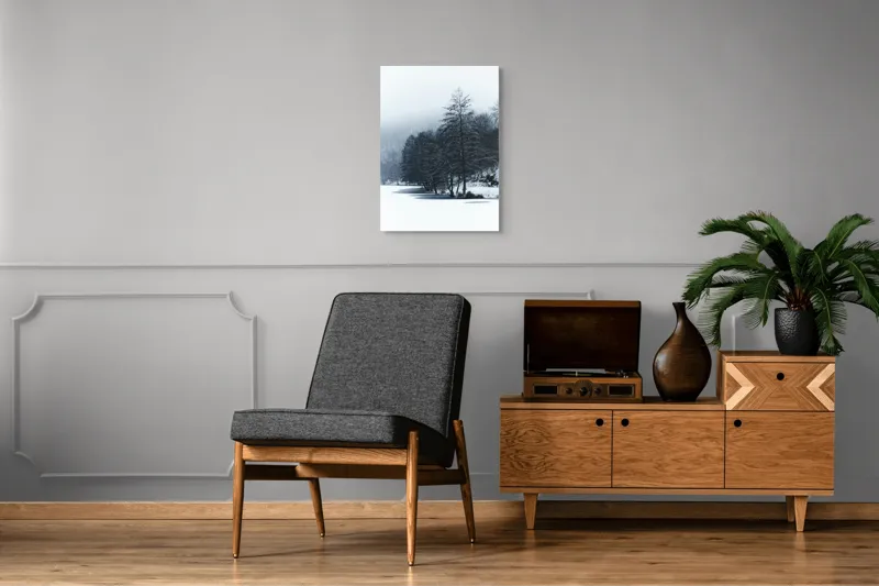Tablou Canvas, "Copaci înghețați pe malul lacului", Iarnă, Pădure, Zăpadă, Liniște, Apă Înghețată, Copaci, Norii, Peisaj, Umbre, Frig, 50 x 70 cm – poza 8