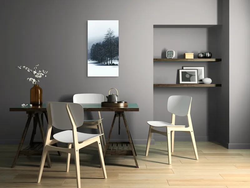 Tablou Canvas, "Copaci înghețați pe malul lacului", Iarnă, Pădure, Zăpadă, Liniște, Apă Înghețată, Copaci, Norii, Peisaj, Umbre, Frig, 50 x 90 cm – poza 4