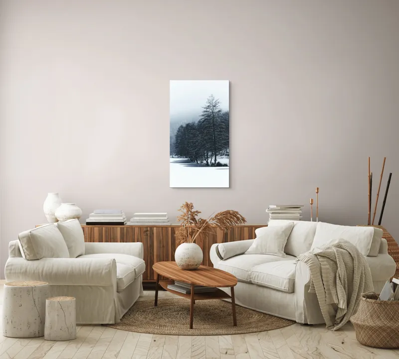 Tablou Canvas, "Copaci înghețați pe malul lacului", Iarnă, Pădure, Zăpadă, Liniște, Apă Înghețată, Copaci, Norii, Peisaj, Umbre, Frig, 50 x 90 cm – poza 7