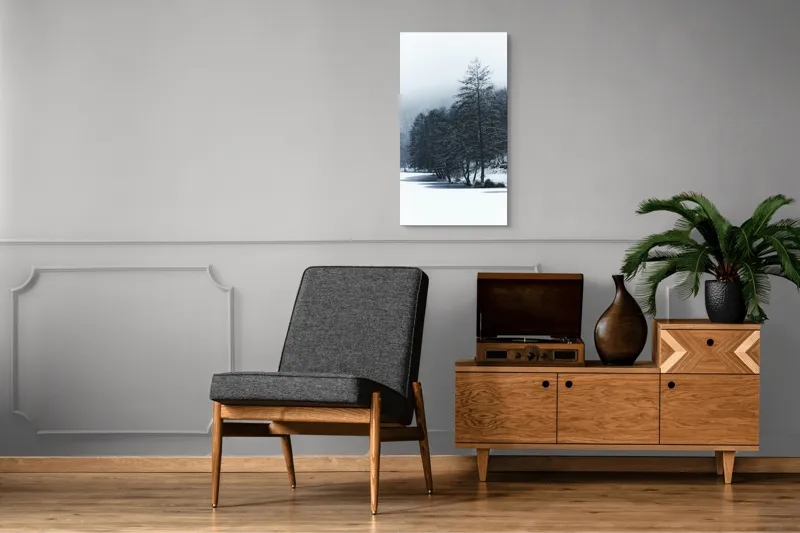 Tablou Canvas, "Copaci înghețați pe malul lacului", Iarnă, Pădure, Zăpadă, Liniște, Apă Înghețată, Copaci, Norii, Peisaj, Umbre, Frig, 50 x 90 cm – poza 8