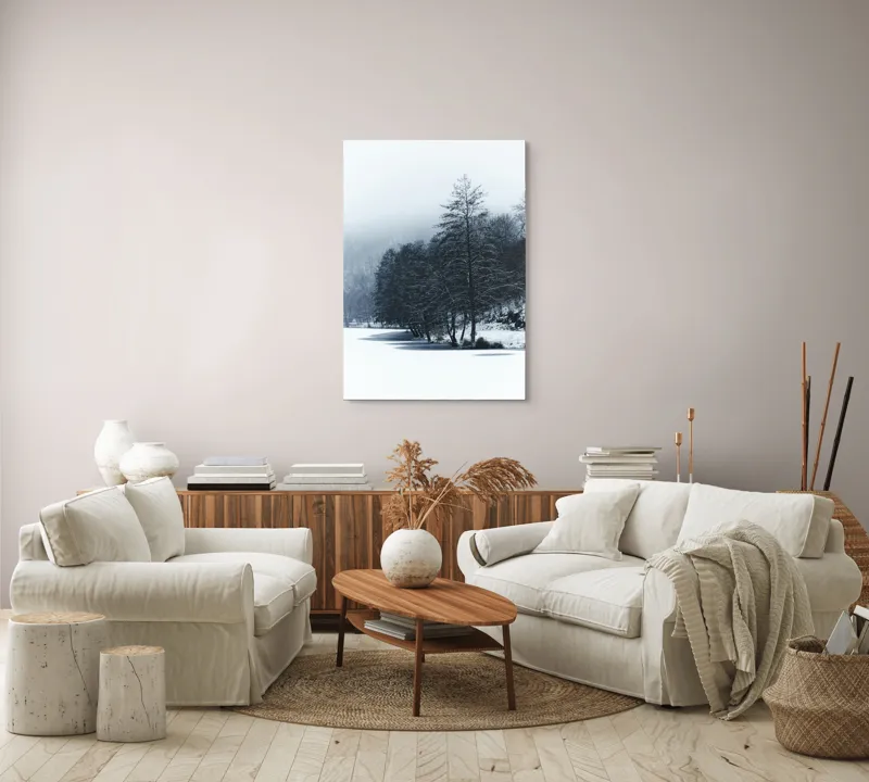 Tablou Canvas, "Copaci înghețați pe malul lacului", Iarnă, Pădure, Zăpadă, Liniște, Apă Înghețată, Copaci, Norii, Peisaj, Umbre, Frig, 70 x 100 cm – poza 4