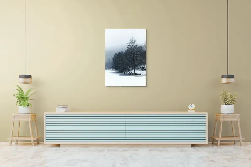 Tablou Canvas, "Copaci înghețați pe malul lacului", Iarnă, Pădure, Zăpadă, Liniște, Apă Înghețată, Copaci, Norii, Peisaj, Umbre, Frig, 70 x 100 cm – poza 5