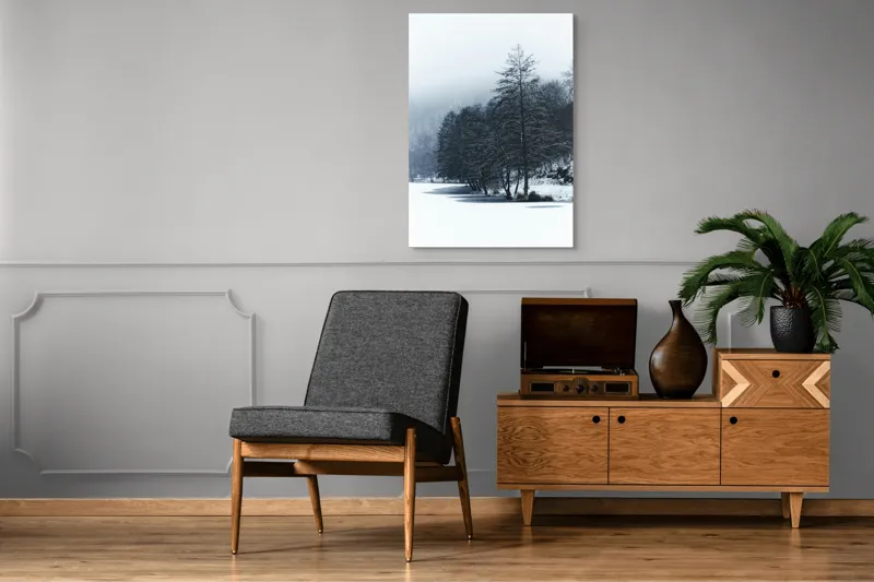 Tablou Canvas, "Copaci înghețați pe malul lacului", Iarnă, Pădure, Zăpadă, Liniște, Apă Înghețată, Copaci, Norii, Peisaj, Umbre, Frig, 70 x 100 cm – poza 6