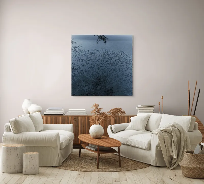 Tablou Canvas, "Frunziș plutitor pe oglinda apei", Ramuri, Apă, Reflecții, Nufări, Liniște, 100 x 100 cm – poza 3