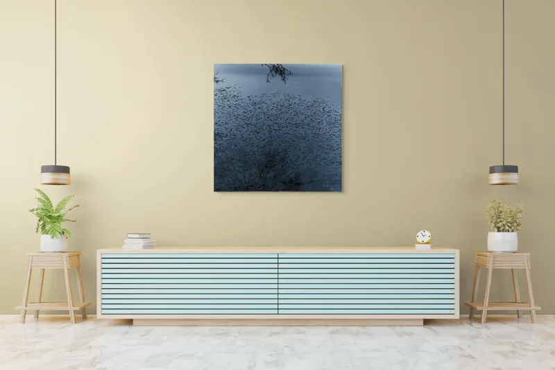 Tablou Canvas, "Frunziș plutitor pe oglinda apei", Ramuri, Apă, Reflecții, Nufări, Liniște, 100 x 100 cm – poza 5