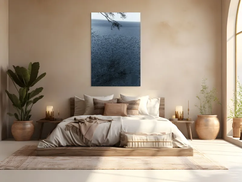 Tablou Canvas, "Frunziș plutitor pe oglinda apei", Ramuri, Apă, Reflecții, Nufări, Liniște, 100 x 150 cm – poza 3