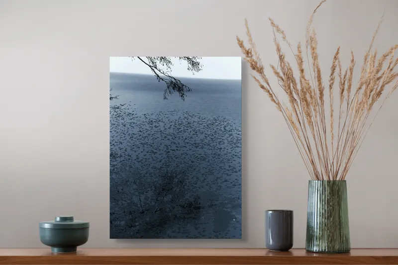 Tablou Canvas, "Frunziș plutitor pe oglinda apei", Ramuri, Apă, Reflecții, Nufări, Liniște, 39 x 54 cm – poza 3