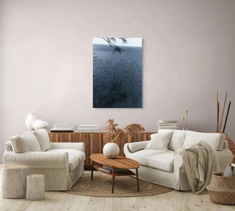 Tablou Canvas, "Frunziș plutitor pe oglinda apei", Ramuri, Apă, Reflecții, Nufări, Liniște, 70 x 100 cm – poza 4