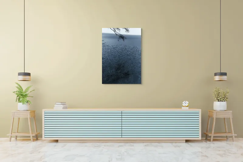 Tablou Canvas, "Frunziș plutitor pe oglinda apei", Ramuri, Apă, Reflecții, Nufări, Liniște, 70 x 100 cm – poza 5