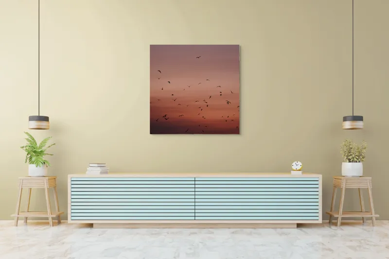 Tablou Canvas, "Dansul păsărilor la asfințit", Cer, Păsări, Apus, Siluete, Zbor, Răgaz, Roșu, Infinit, Liniște, Întuneric, Orizont, Serenitate, Frumusețe, Armonie, Libertate, 100 x 100 cm – poza 5