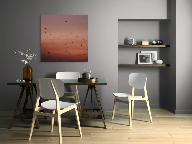 Tablou Canvas, "Dansul păsărilor la asfințit", Cer, Păsări, Apus, Siluete, Zbor, Răgaz, Roșu, Infinit, Liniște, Întuneric, Orizont, Serenitate, Frumusețe, Armonie, Libertate, 100 x 100 cm – poza 6