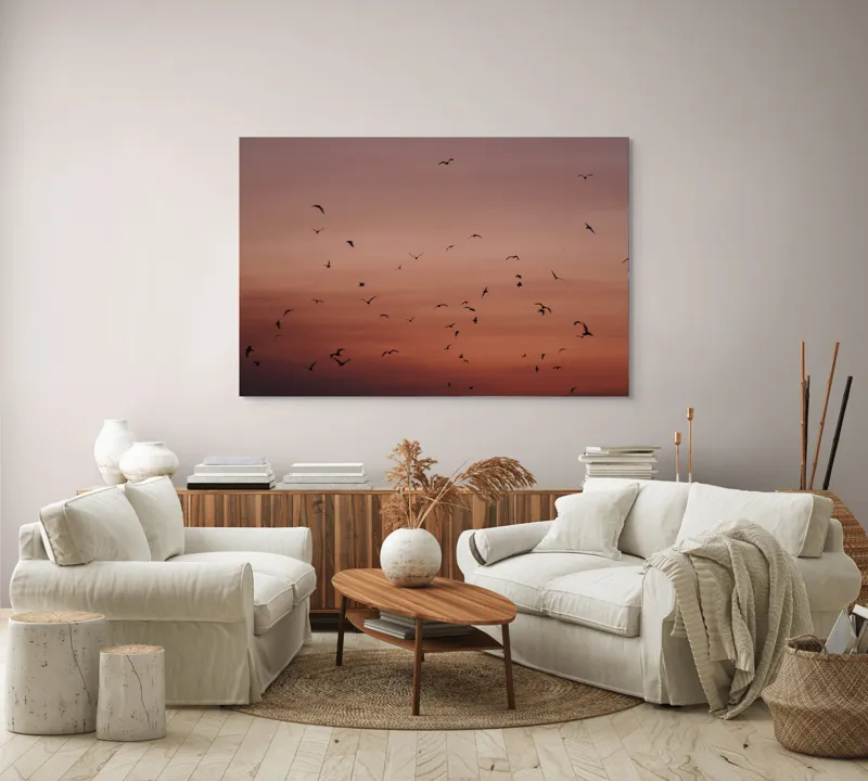 Tablou Canvas, "Dansul păsărilor la asfințit", Cer, Păsări, Apus, Siluete, Zbor, Răgaz, Roșu, Infinit, Liniște, Întuneric, Orizont, Serenitate, Frumusețe, Armonie, Libertate, 150 x 100 cm – poza 3