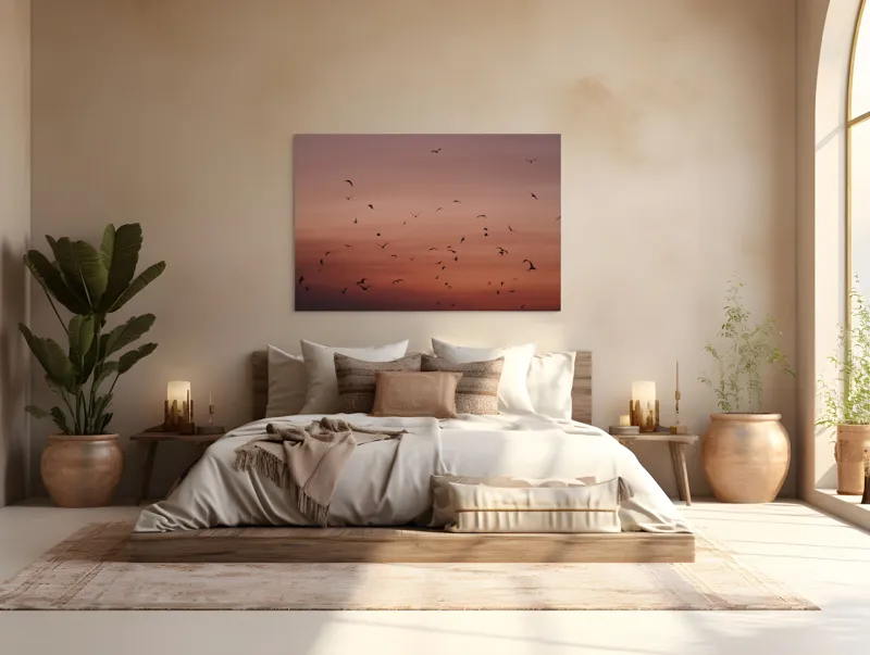 Tablou Canvas, "Dansul păsărilor la asfințit", Cer, Păsări, Apus, Siluete, Zbor, Răgaz, Roșu, Infinit, Liniște, Întuneric, Orizont, Serenitate, Frumusețe, Armonie, Libertate, 150 x 100 cm – poza 4