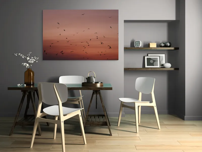 Tablou Canvas, "Dansul păsărilor la asfințit", Cer, Păsări, Apus, Siluete, Zbor, Răgaz, Roșu, Infinit, Liniște, Întuneric, Orizont, Serenitate, Frumusețe, Armonie, Libertate, 150 x 100 cm – poza 5