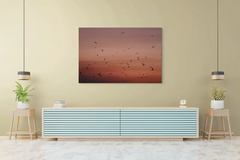 Tablou Canvas, "Dansul păsărilor la asfințit", Cer, Păsări, Apus, Siluete, Zbor, Răgaz, Roșu, Infinit, Liniște, Întuneric, Orizont, Serenitate, Frumusețe, Armonie, Libertate, 150 x 100 cm – poza 6