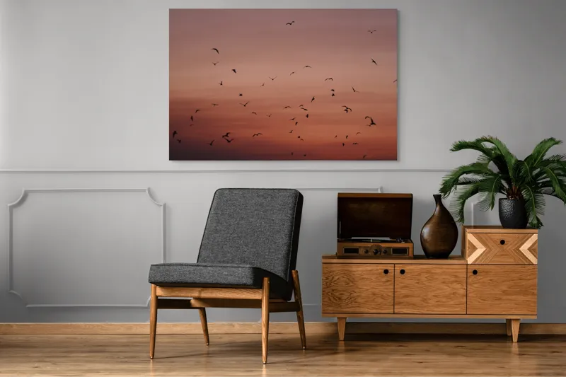 Tablou Canvas, "Dansul păsărilor la asfințit", Cer, Păsări, Apus, Siluete, Zbor, Răgaz, Roșu, Infinit, Liniște, Întuneric, Orizont, Serenitate, Frumusețe, Armonie, Libertate, 150 x 100 cm – poza 8