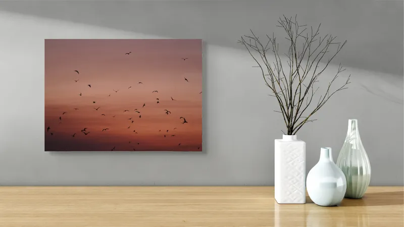 Tablou Canvas, "Dansul păsărilor la asfințit", Cer, Păsări, Apus, Siluete, Zbor, Răgaz, Roșu, Infinit, Liniște, Întuneric, Orizont, Serenitate, Frumusețe, Armonie, Libertate, 54 x 39 cm – poza 3