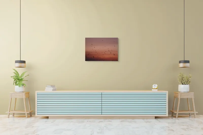 Tablou Canvas, "Dansul păsărilor la asfințit", Cer, Păsări, Apus, Siluete, Zbor, Răgaz, Roșu, Infinit, Liniște, Întuneric, Orizont, Serenitate, Frumusețe, Armonie, Libertate, 70 x 50 cm – poza 7