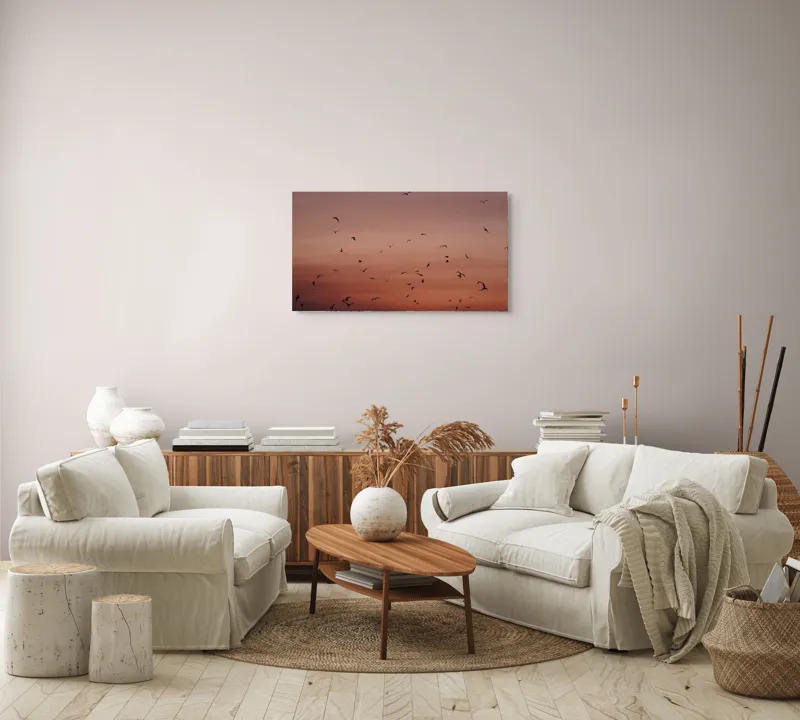 Tablou Canvas, "Dansul păsărilor la asfințit", Cer, Păsări, Apus, Siluete, Zbor, Răgaz, Roșu, Infinit, Liniște, Întuneric, Orizont, Serenitate, Frumusețe, Armonie, Libertate, 90 x 50 cm – poza 4