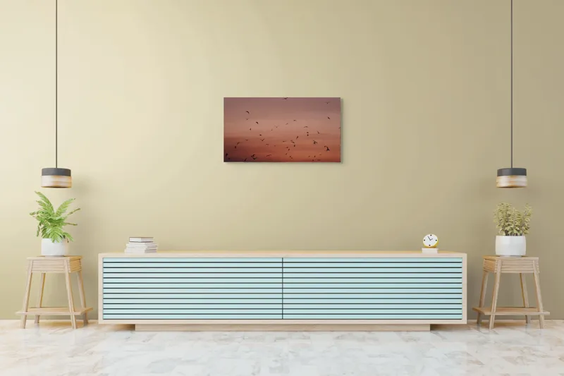 Tablou Canvas, "Dansul păsărilor la asfințit", Cer, Păsări, Apus, Siluete, Zbor, Răgaz, Roșu, Infinit, Liniște, Întuneric, Orizont, Serenitate, Frumusețe, Armonie, Libertate, 90 x 50 cm – poza 5