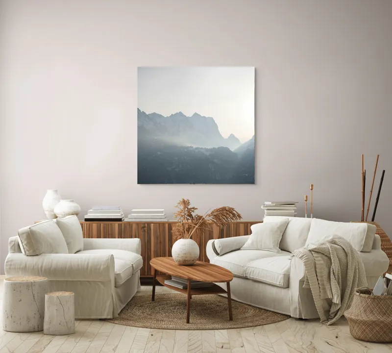 Tablou Canvas, "Lumina dimineții peste munți înzăpeziți", Munți, Ceață, Răsărit, Siluete, Frig, Lumină, Vârfuri, Cer, Peisaj, Natură, 100 x 100 cm – poza 3