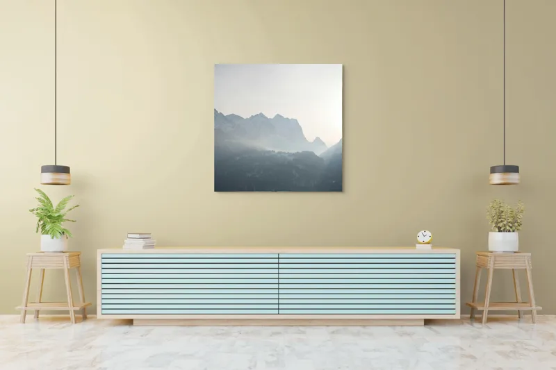 Tablou Canvas, "Lumina dimineții peste munți înzăpeziți", Munți, Ceață, Răsărit, Siluete, Frig, Lumină, Vârfuri, Cer, Peisaj, Natură, 100 x 100 cm – poza 5
