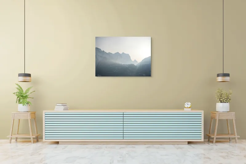 Tablou Canvas, "Lumina dimineții peste munți înzăpeziți", Munți, Ceață, Răsărit, Siluete, Frig, Lumină, Vârfuri, Cer, Peisaj, Natură, 100 x 70 cm – poza 4