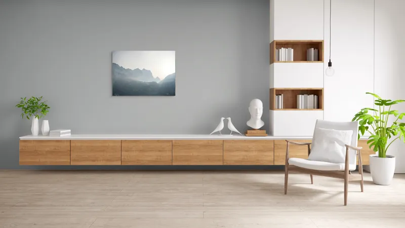 Tablou Canvas, "Lumina dimineții peste munți înzăpeziți", Munți, Ceață, Răsărit, Siluete, Frig, Lumină, Vârfuri, Cer, Peisaj, Natură, 100 x 70 cm – poza 6