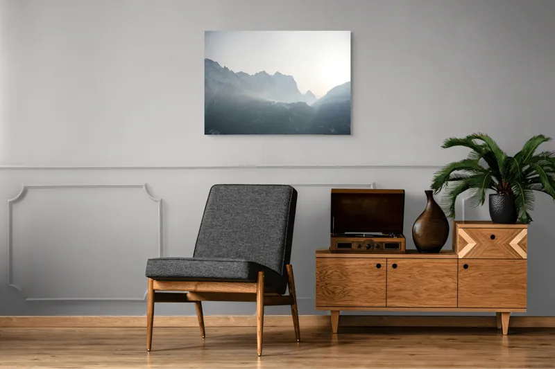 Tablou Canvas, "Lumina dimineții peste munți înzăpeziți", Munți, Ceață, Răsărit, Siluete, Frig, Lumină, Vârfuri, Cer, Peisaj, Natură, 100 x 70 cm – poza 8