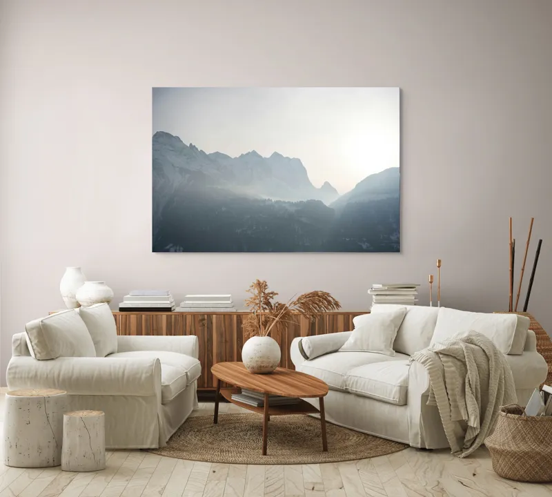 Tablou Canvas, "Lumina dimineții peste munți înzăpeziți", Munți, Ceață, Răsărit, Siluete, Frig, Lumină, Vârfuri, Cer, Peisaj, Natură, 150 x 100 cm – poza 3