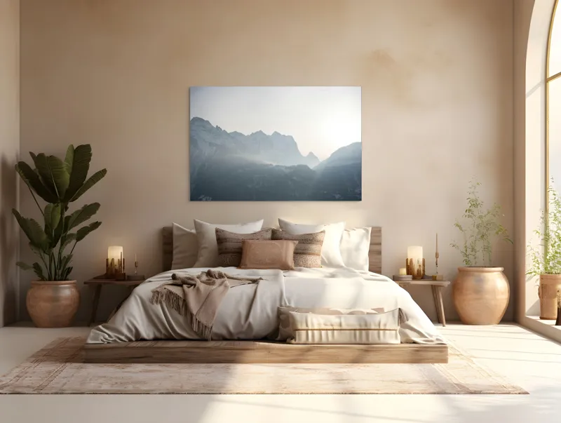Tablou Canvas, "Lumina dimineții peste munți înzăpeziți", Munți, Ceață, Răsărit, Siluete, Frig, Lumină, Vârfuri, Cer, Peisaj, Natură, 150 x 100 cm – poza 4