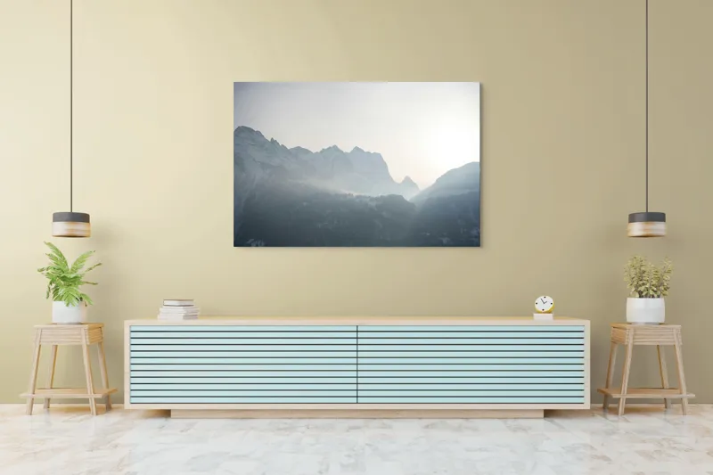 Tablou Canvas, "Lumina dimineții peste munți înzăpeziți", Munți, Ceață, Răsărit, Siluete, Frig, Lumină, Vârfuri, Cer, Peisaj, Natură, 150 x 100 cm – poza 6