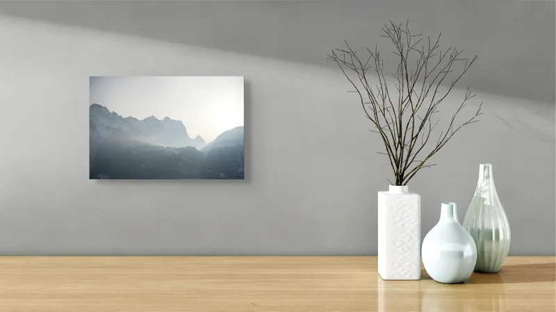 Tablou Canvas, "Lumina dimineții peste munți înzăpeziți", Munți, Ceață, Răsărit, Siluete, Frig, Lumină, Vârfuri, Cer, Peisaj, Natură, 39 x 26 cm – poza 8
