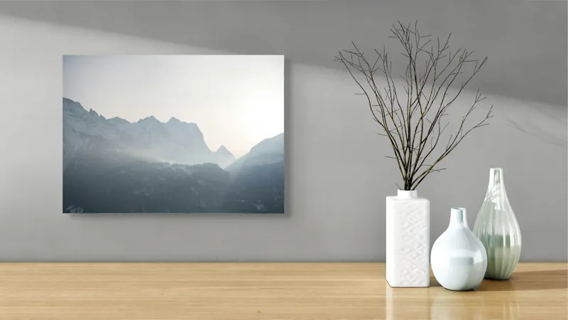 Tablou Canvas, "Lumina dimineții peste munți înzăpeziți", Munți, Ceață, Răsărit, Siluete, Frig, Lumină, Vârfuri, Cer, Peisaj, Natură, 54 x 39 cm – poza 3