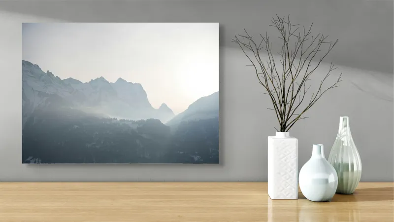 Tablou Canvas, "Lumina dimineții peste munți înzăpeziți", Munți, Ceață, Răsărit, Siluete, Frig, Lumină, Vârfuri, Cer, Peisaj, Natură, 70 x 50 cm – poza 3