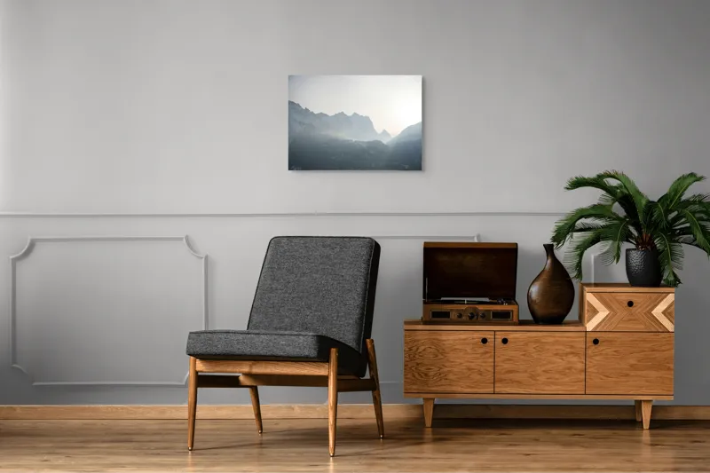 Tablou Canvas, "Lumina dimineții peste munți înzăpeziți", Munți, Ceață, Răsărit, Siluete, Frig, Lumină, Vârfuri, Cer, Peisaj, Natură, 70 x 50 cm – poza 4