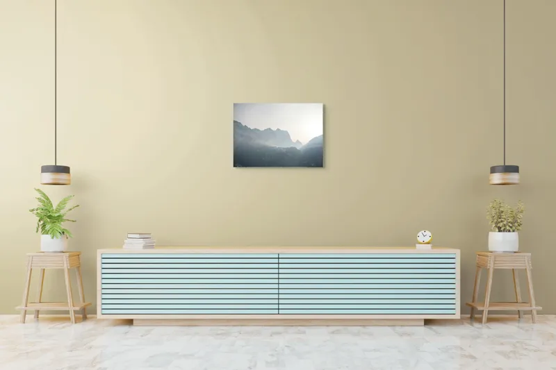 Tablou Canvas, "Lumina dimineții peste munți înzăpeziți", Munți, Ceață, Răsărit, Siluete, Frig, Lumină, Vârfuri, Cer, Peisaj, Natură, 70 x 50 cm – poza 7