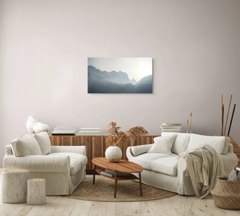 Tablou Canvas, "Lumina dimineții peste munți înzăpeziți", Munți, Ceață, Răsărit, Siluete, Frig, Lumină, Vârfuri, Cer, Peisaj, Natură, 90 x 50 cm – poza 4