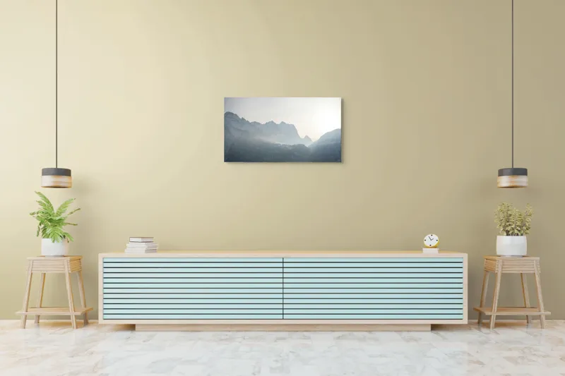 Tablou Canvas, "Lumina dimineții peste munți înzăpeziți", Munți, Ceață, Răsărit, Siluete, Frig, Lumină, Vârfuri, Cer, Peisaj, Natură, 90 x 50 cm – poza 5