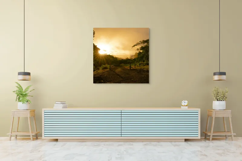 Tablou Canvas, "Răsărit de soare în pădurea senină", Soare, Apus, Pădure, Potecă, Lumină, Verdeață, Cer, Umbre, Natură, Împăcare, 100 x 100 cm – poza 5