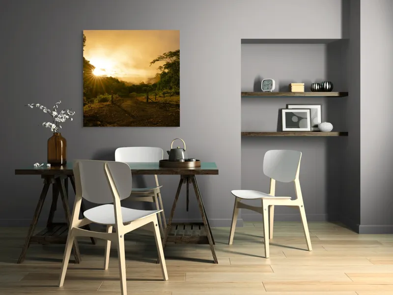 Tablou Canvas, "Răsărit de soare în pădurea senină", Soare, Apus, Pădure, Potecă, Lumină, Verdeață, Cer, Umbre, Natură, Împăcare, 100 x 100 cm – poza 6