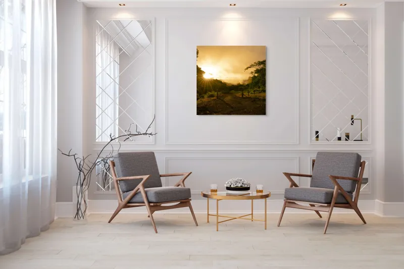 Tablou Canvas, "Răsărit de soare în pădurea senină", Soare, Apus, Pădure, Potecă, Lumină, Verdeață, Cer, Umbre, Natură, Împăcare, 100 x 100 cm – poza 7