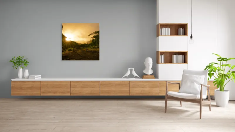 Tablou Canvas, "Răsărit de soare în pădurea senină", Soare, Apus, Pădure, Potecă, Lumină, Verdeață, Cer, Umbre, Natură, Împăcare, 100 x 100 cm – poza 8