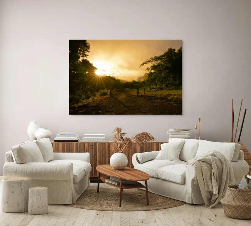 Tablou Canvas, "Răsărit de soare în pădurea senină", Soare, Apus, Pădure, Potecă, Lumină, Verdeață, Cer, Umbre, Natură, Împăcare, 150 x 100 cm – poza 3