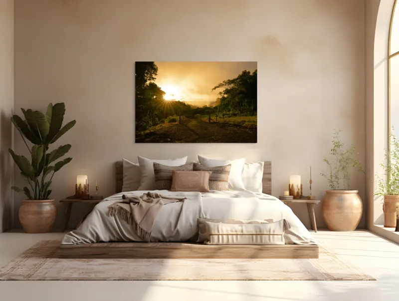 Tablou Canvas, "Răsărit de soare în pădurea senină", Soare, Apus, Pădure, Potecă, Lumină, Verdeață, Cer, Umbre, Natură, Împăcare, 150 x 100 cm – poza 4