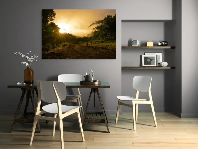 Tablou Canvas, "Răsărit de soare în pădurea senină", Soare, Apus, Pădure, Potecă, Lumină, Verdeață, Cer, Umbre, Natură, Împăcare, 150 x 100 cm – poza 5