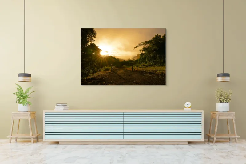 Tablou Canvas, "Răsărit de soare în pădurea senină", Soare, Apus, Pădure, Potecă, Lumină, Verdeață, Cer, Umbre, Natură, Împăcare, 150 x 100 cm – poza 6