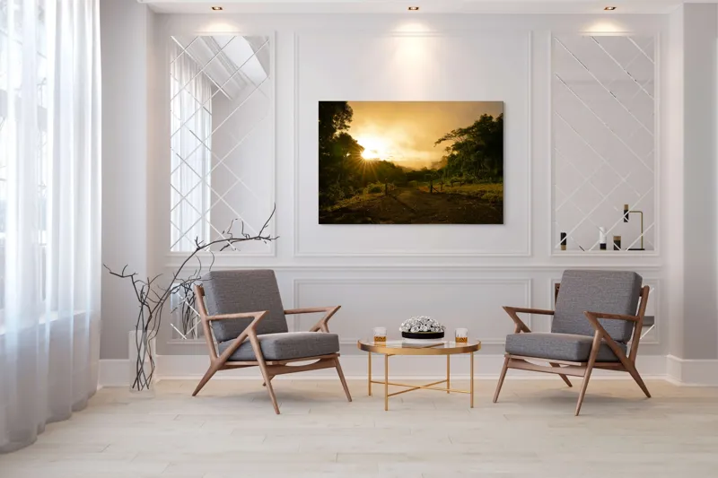 Tablou Canvas, "Răsărit de soare în pădurea senină", Soare, Apus, Pădure, Potecă, Lumină, Verdeață, Cer, Umbre, Natură, Împăcare, 150 x 100 cm – poza 7
