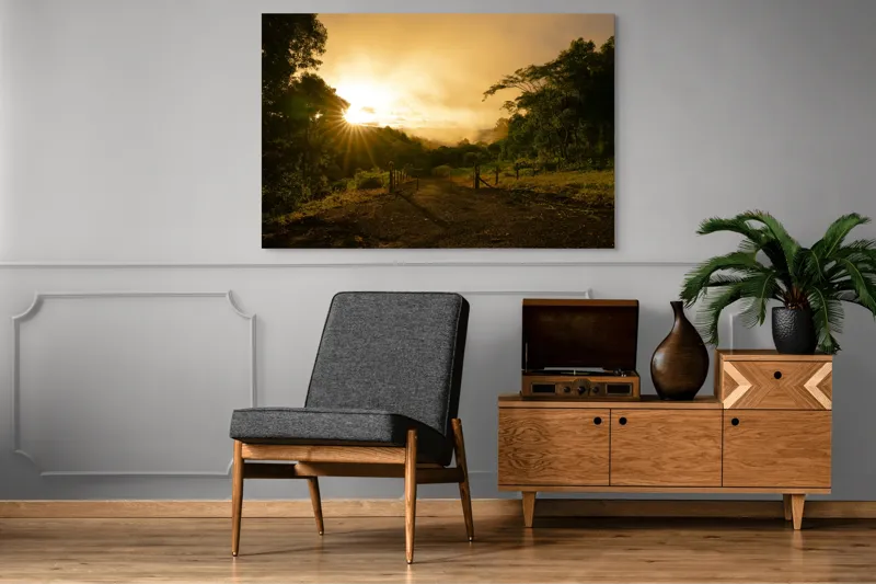 Tablou Canvas, "Răsărit de soare în pădurea senină", Soare, Apus, Pădure, Potecă, Lumină, Verdeață, Cer, Umbre, Natură, Împăcare, 150 x 100 cm – poza 8